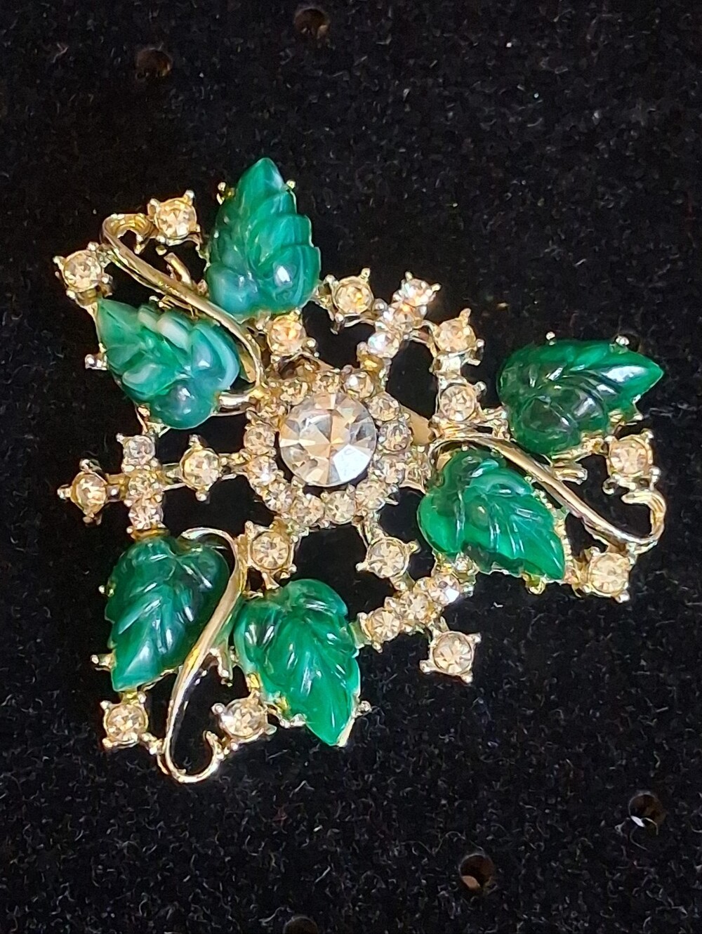 Gold-Tone Green Leaf and Crystal Brooch - Women Jewelry